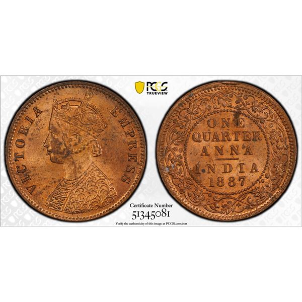 BRITISH INDIA: Victoria, Empress, 1876-1901, AE 1/4 anna, 1887(c), PCGS MS64 RB