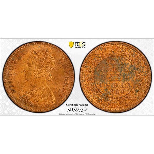 BRITISH INDIA: Victoria, Empress, 1876-1901, AE 1/4 anna, 1889(c), PCGS Unc Details