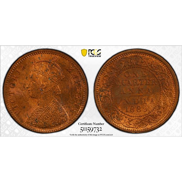 BRITISH INDIA: Victoria, Empress, 1876-1901, AE 1/4 anna, 1889(c), PCGS MS64 RB