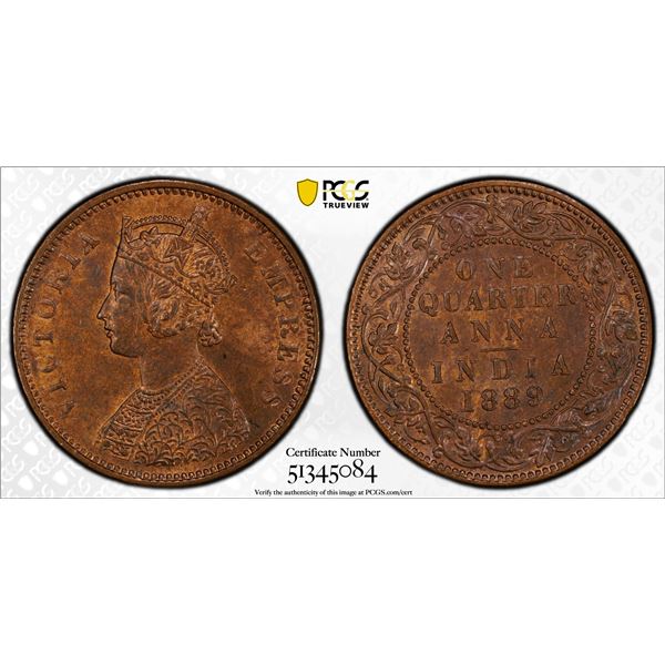 BRITISH INDIA: Victoria, Empress, 1876-1901, AE 1/4 anna, 1889(b), PCGS MS63 BN