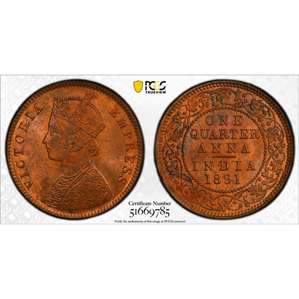 BRITISH INDIA: Victoria, Empress, 1876-1901, AE 1/4 anna, 1891(c), PCGS MS64 RB