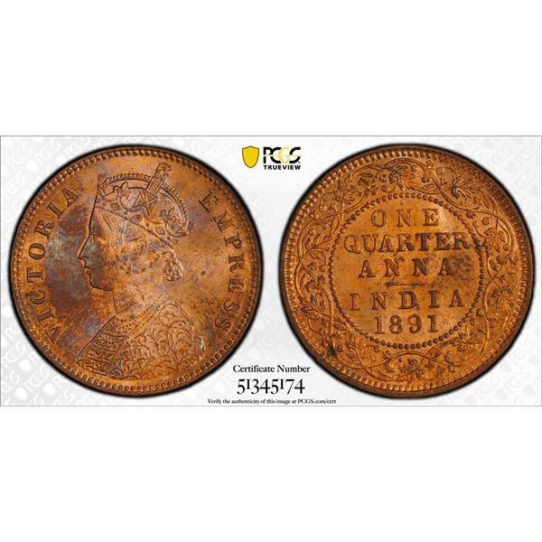BRITISH INDIA: Victoria, Empress, 1876-1901, AE 1/4 anna, 1891(c), PCGS MS64 RB