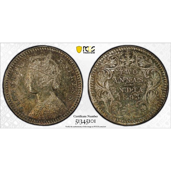 BRITISH INDIA: Victoria, Empress, 1876-1901, AR 2 annas, 1893-C, PCGS MS64