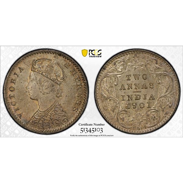 BRITISH INDIA: Victoria, Empress, 1876-1901, AR 2 annas, 1901-C, PCGS MS64
