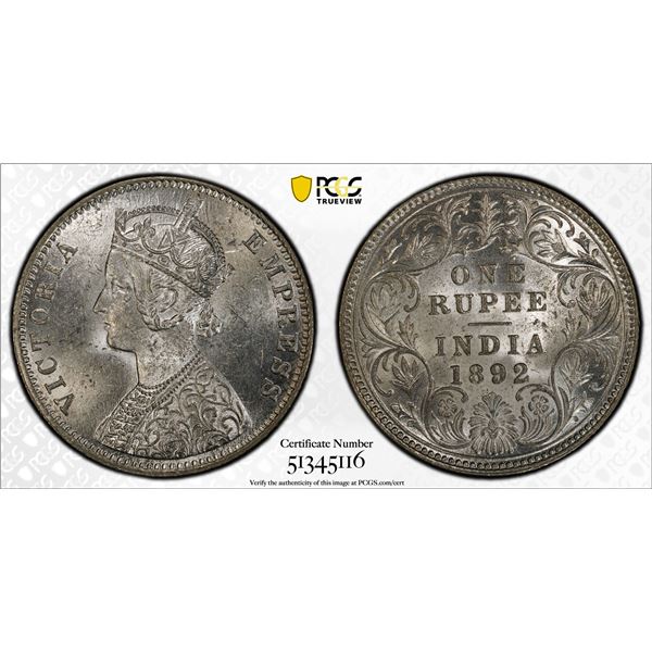 BRITISH INDIA: Victoria, Empress, 1876-1901, AR rupee, 1892-C, PCGS MS63