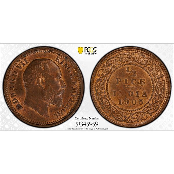 BRITISH INDIA: Edward VII, 1901-1910, AE 1/2 pice, 1905(c), PCGS MS63 RB