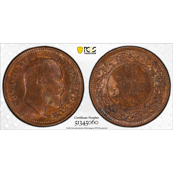 BRITISH INDIA: Edward VII, 1901-1910, AE 1/2 pice, 1906(c), PCGS MS63 BN
