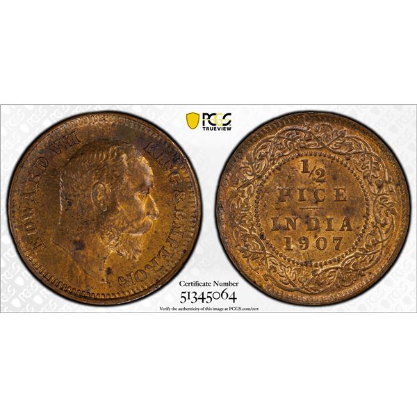 BRITISH INDIA: Edward VII, 1901-1910, AE 1/2 pice, 1907(c), PCGS MS63 RB