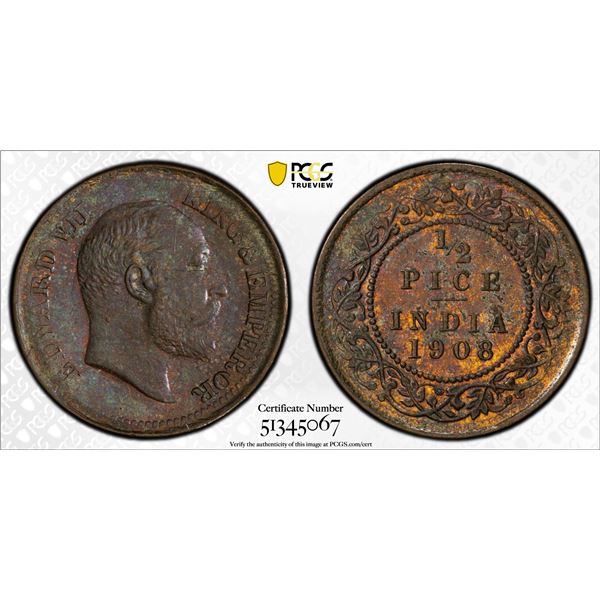 BRITISH INDIA: Edward VII, 1901-1910, AE 1/2 pice, 1908(c), PCGS MS63 BN