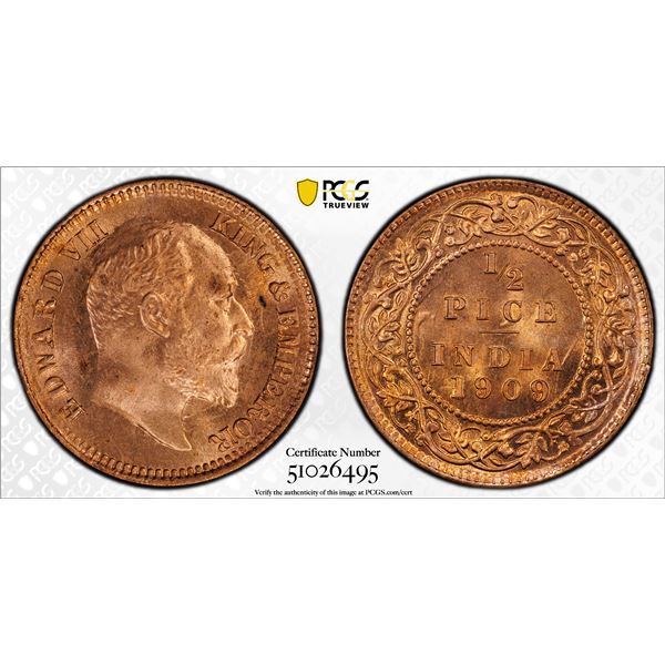 BRITISH INDIA: Edward VII, 1901-1910, AE 1/2 pice, 1909(c), PCGS MS65 RD