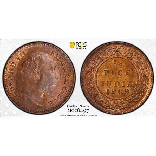 BRITISH INDIA: Edward VII, 1901-1910, AE 1/2 pice, 1909(c), PCGS MS65 RB