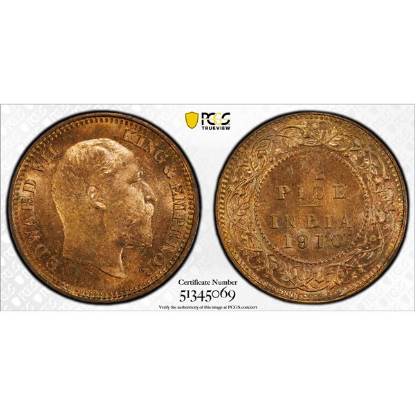 BRITISH INDIA: Edward VII, 1901-1910, AE 1/2 pice, 1910(c), PCGS MS65 RD