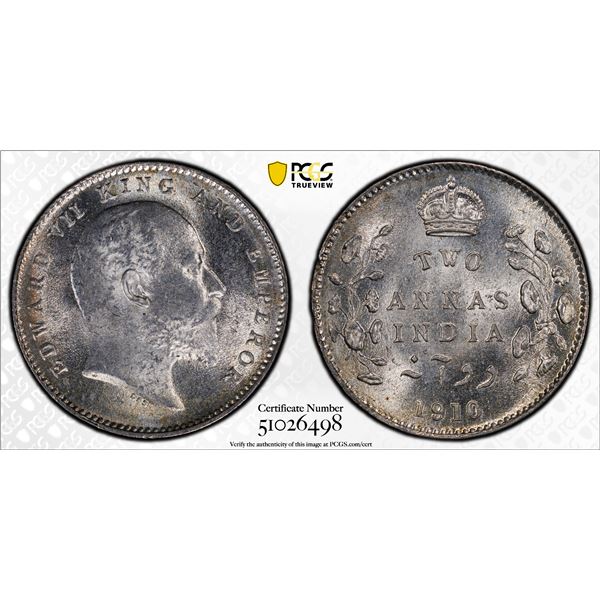 BRITISH INDIA: Edward VII, 1901-1910, AR 2 annas, 1910(c), PCGS MS65