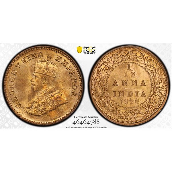 BRITISH INDIA: George V, 1910-1936, AE 1/12 anna, 1926(c), PCGS MS66 RD