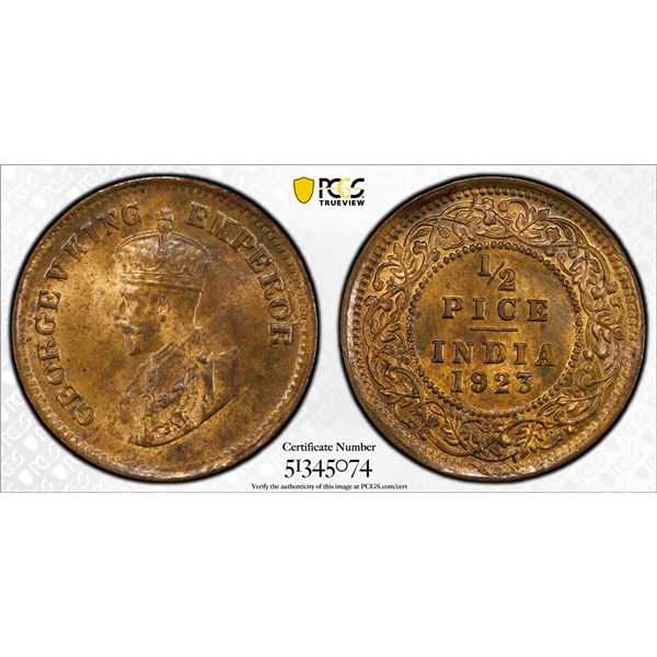 BRITISH INDIA: George V, 1910-1936, AE 1/2 pice, 1923(c), PCGS MS64 RB