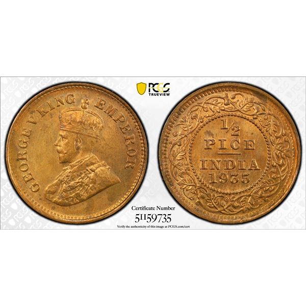 BRITISH INDIA: George V, 1910-1936, AE 1/2 pice, 1935(c), PCGS MS64 RD