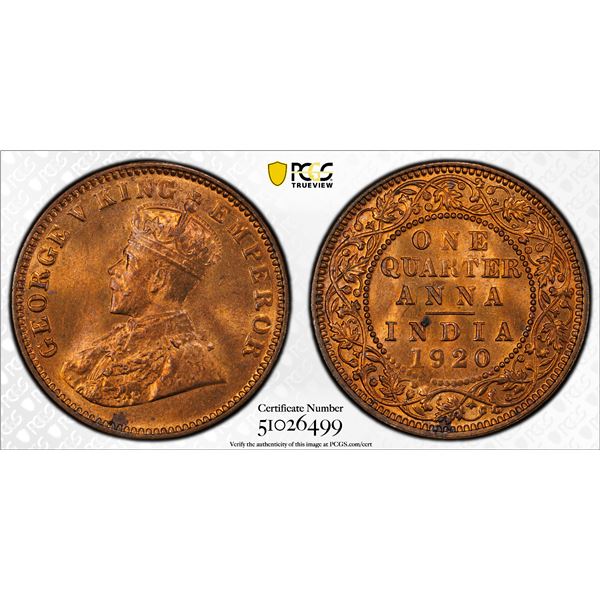BRITISH INDIA: George V, 1910-1936, AE 1/4 anna, 1920(c), PCGS MS65 RD