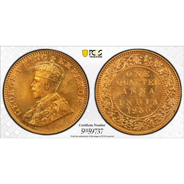 BRITISH INDIA: George V, 1910-1936, AE 1/4 anna, 1930(b), PCGS MS66 RD