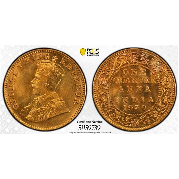 BRITISH INDIA: George V, 1910-1936, AE 1/4 anna, 1930(b), PCGS MS65 RD