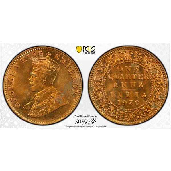 BRITISH INDIA: George V, 1910-1936, AE 1/4 anna, 1930(b), PCGS MS64 RD