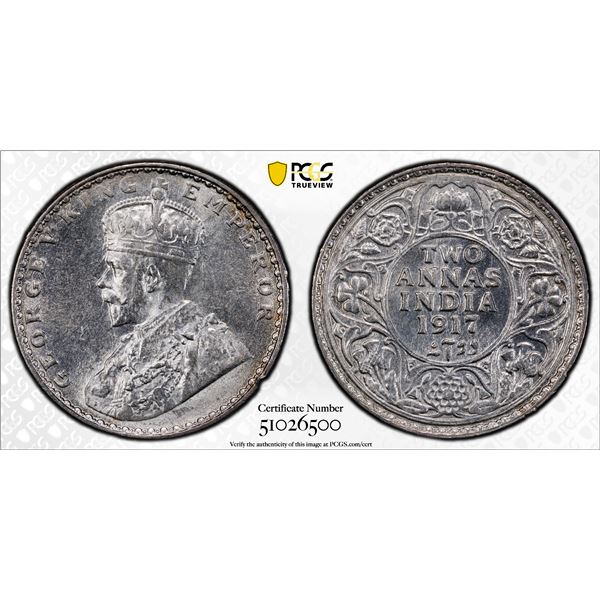 BRITISH INDIA: George V, 1910-1936, AR 2 annas, 1917(c), PCGS MS63
