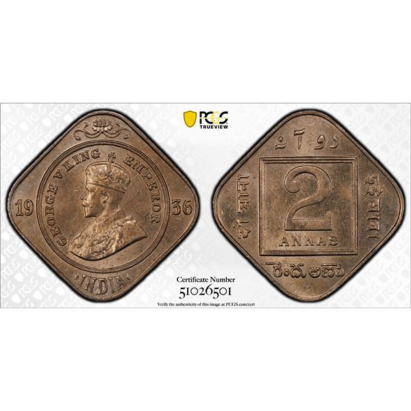 BRITISH INDIA: George V, 1910-1936, 2 annas, 1936(b), PCGS MS63