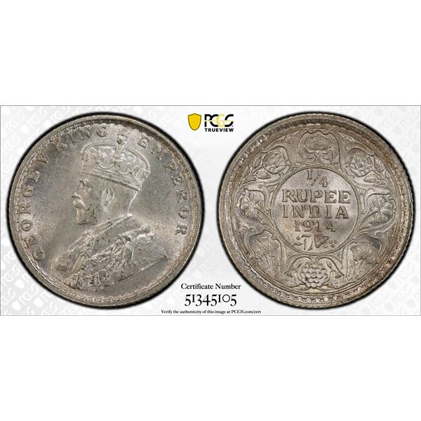 BRITISH INDIA: George V, 1910-1936, AR 1/4 rupee, 1914(c), PCGS MS64