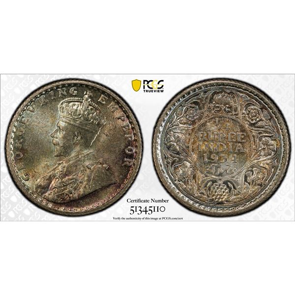 BRITISH INDIA: George V, 1910-1936, AR 1/4 rupee, 1934(c), PCGS MS65