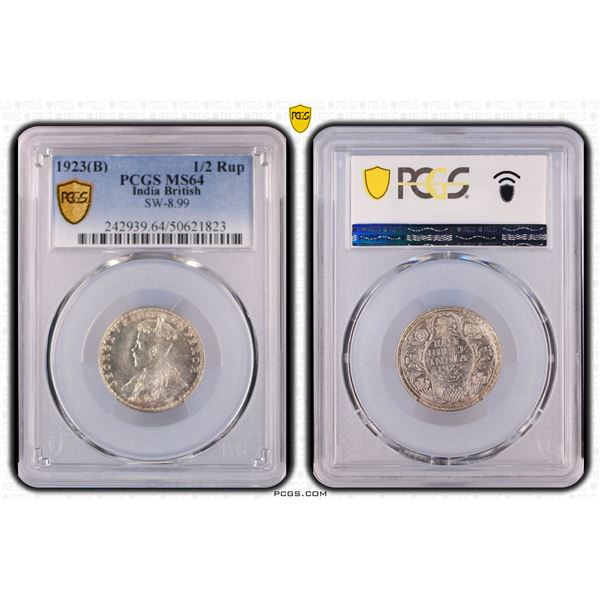 BRITISH INDIA: George V, 1910-1936, AR 1/2 rupee, 1923(b), PCGS MS64