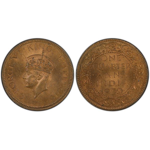 BRITISH INDIA: George VI, 1936-1947, AE 1/4 anna, 1939(c), PCGS MS63 RB