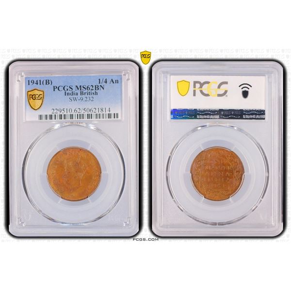 BRITISH INDIA: George VI, 1936-1947, AE 1/4 anna, 1940(b), PCGS MS62 BN