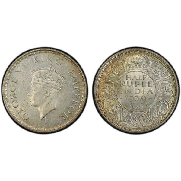 BRITISH INDIA: George VI, 1936-1947, AR 1/2 rupee, 1939(c), PCGS MS63