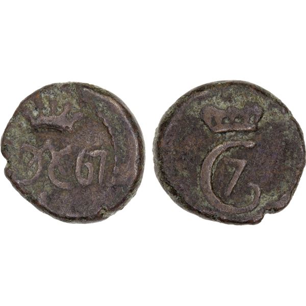 DANISH INDIA: TRANQUEBAR: Christian VII, 1766-1808, AE 1 kas (0.66g) (17)67, VF