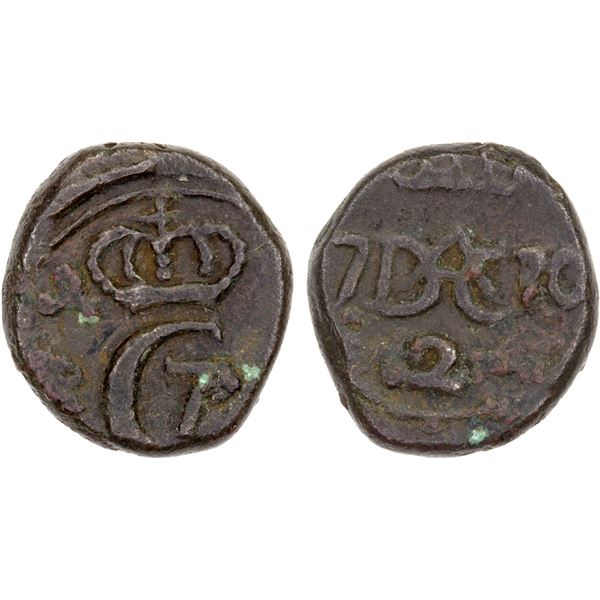 DANISH INDIA: TRANQUEBAR: Christian VII, 1766-1808, AE 2 kas (1.30g), 1770, VF
