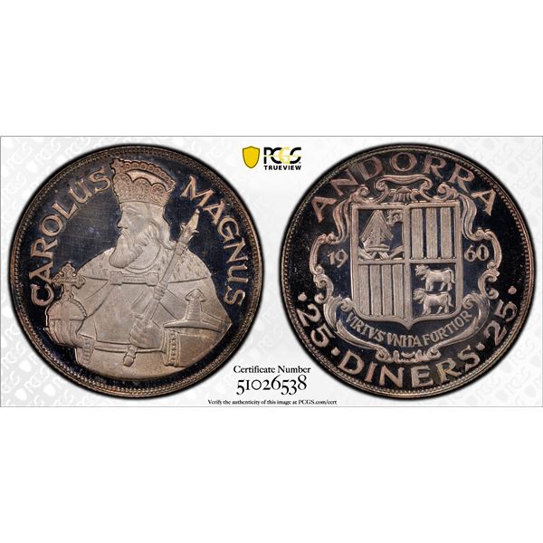 ANDORRA: Principality, AR 25 diners, 1960, PCGS Proof 66 CAM