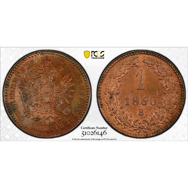 AUSTRIA: Franz Joseph I, 1848-1916, AE kreuzer, Kremnica, 1860-B, PCGS MS62 RB