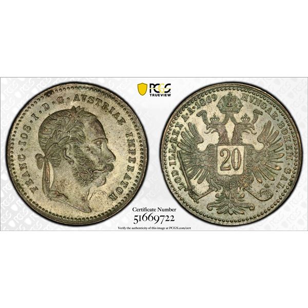 AUSTRIA: Franz Joseph I, 1848-1916, AR 20 kreuzer, 1869, PCGS MS63