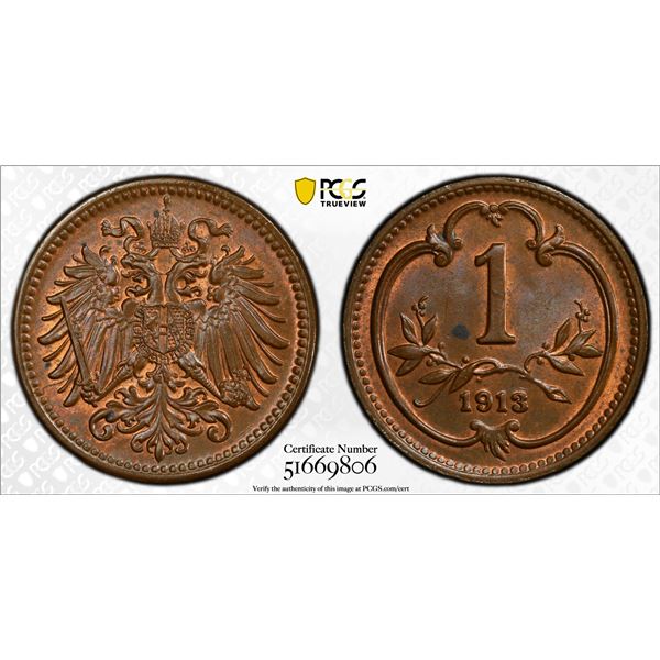 AUSTRIA: Franz Joseph I, 1848–1916, AE heller, 1913, PCGS MS64 BN