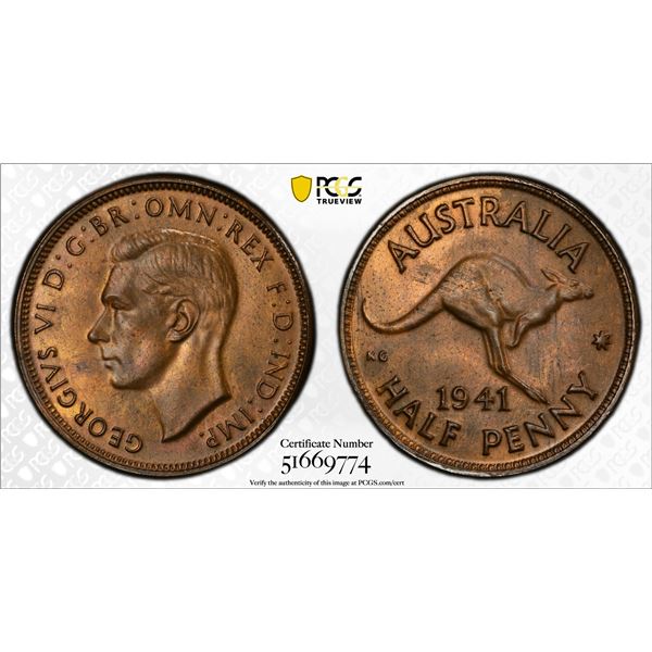 AUSTRALIA: George VI, 1936-1952, AE 1/2 penny, 1941(m), PCGS MS64 RB