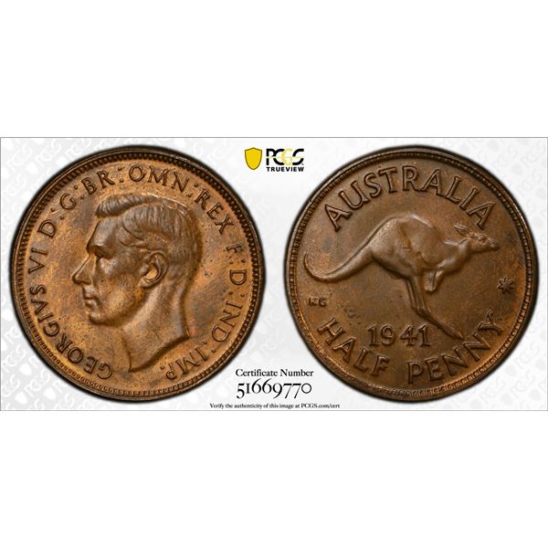 AUSTRALIA: George VI, 1936-1952, AE 1/2 penny, 1941(m), PCGS MS63 BN