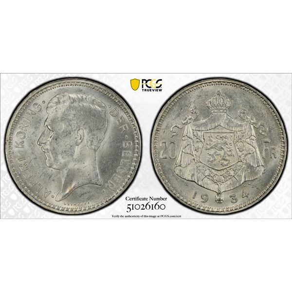 BELGIUM: Albert I, 1909-1934, AR 20 francs, 1934, PCGS MS63