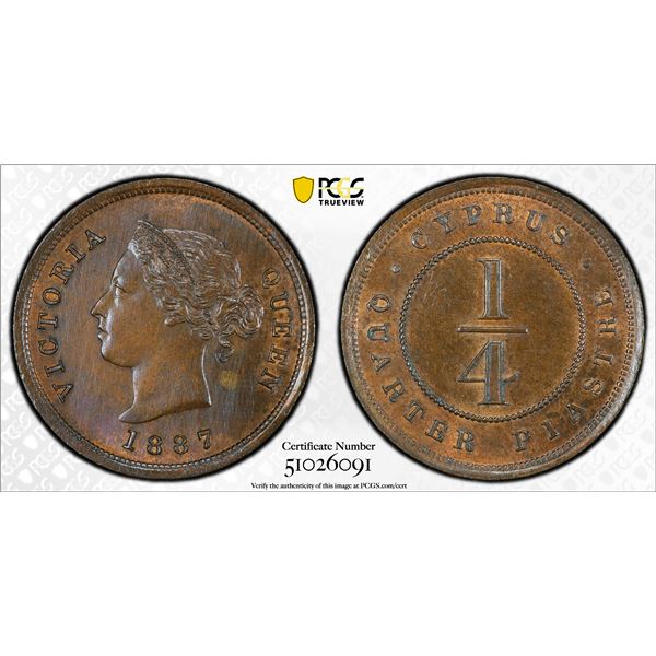 CYPRUS: Victoria, 1878-1901, AE ¼ piastre, 1887, PCGS UNC details
