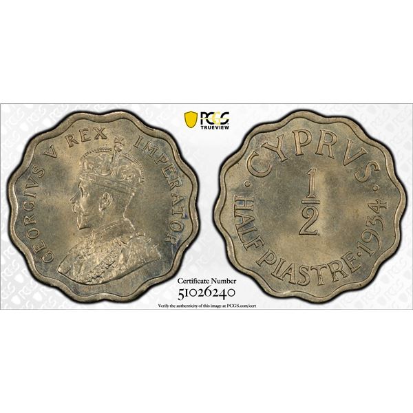 CYPRUS: George V, 1910-1936, 1/2 piastre, 1934, PCGS MS64