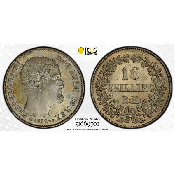 DENMARK: Frederik VII, 1848-1863, AR 16 skilling, 1857, PCGS MS64