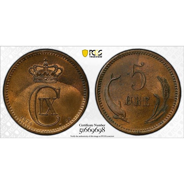 DENMARK: Christian IX, 1863-1906, AE 5 ore, 1874, PCGS MS64 RB