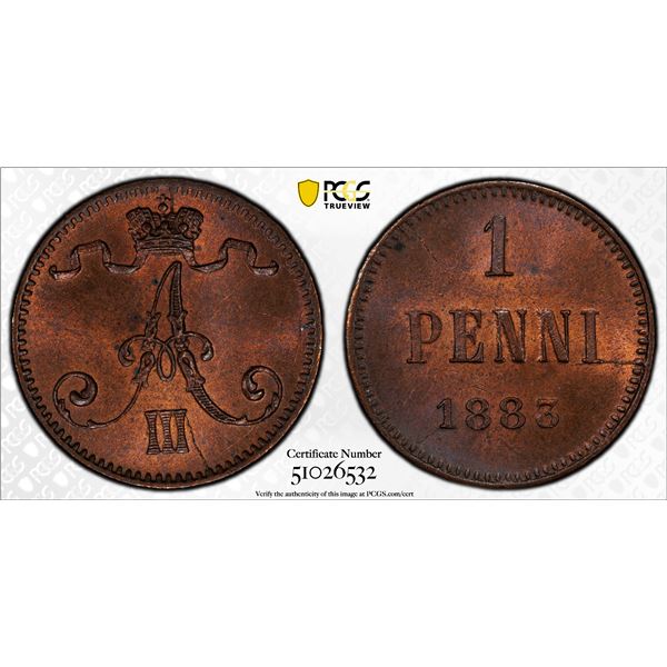 FINLAND: Alexander III, 1881-1894, AE penni, 1883, PCGS MS65 RB