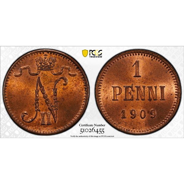 FINLAND: Nicholas II, 1894-1917, AE penni, 1909, PCGS MS65 RB
