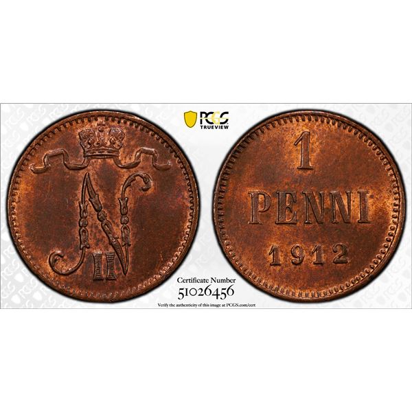 FINLAND: Nicholas II, 1894-1917, AE penni, 1909, PCGS MS63 RB