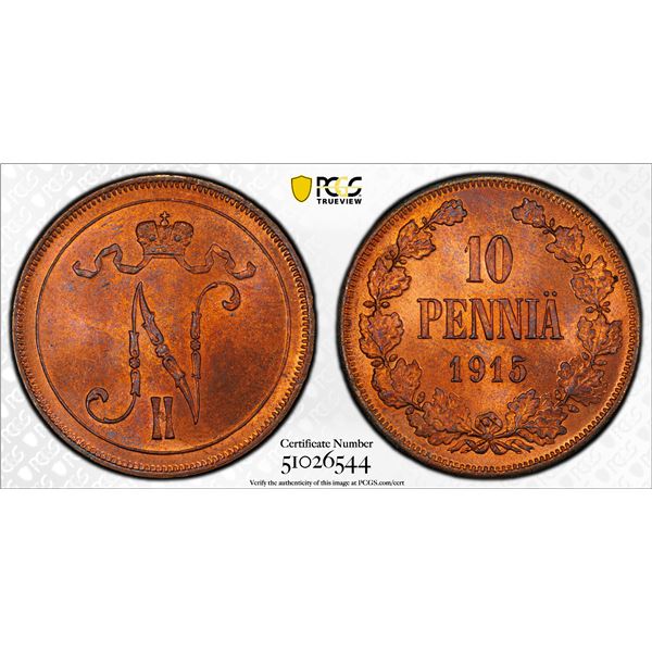 FINLAND: Nicholas II, 1894-1917, AE 10 penni, 1915, PCGS MS65 RD
