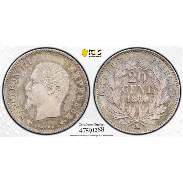 FRANCE: Napoleon III, 1852-1870, AR 20 centimes, 1860-A, PCGS MS64